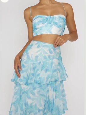 Blue & White Watercolor Two-Piece Crop Top and Tiered Skirt Set.
